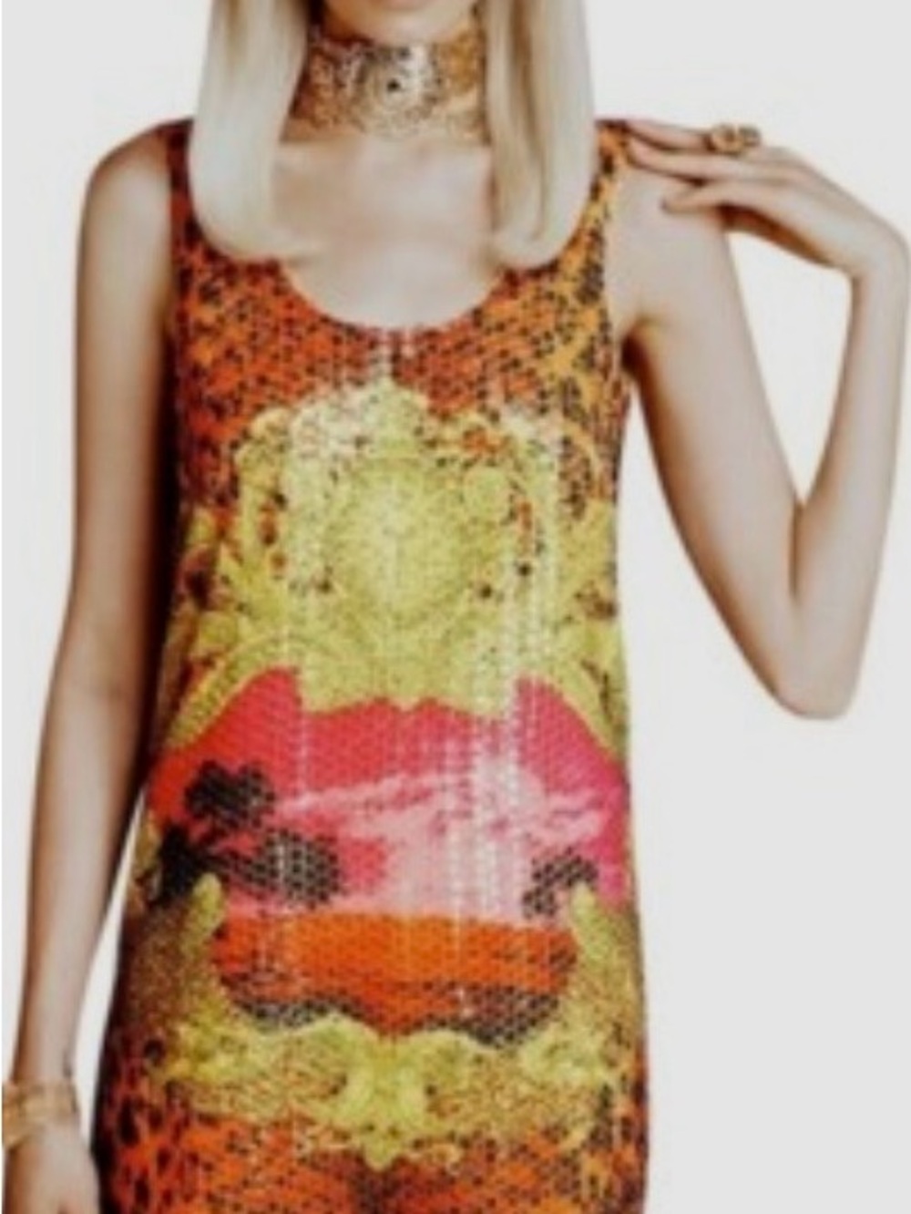 Versace Multicolor Sleeveless Mini Dress in Pink, Orange, Yellow